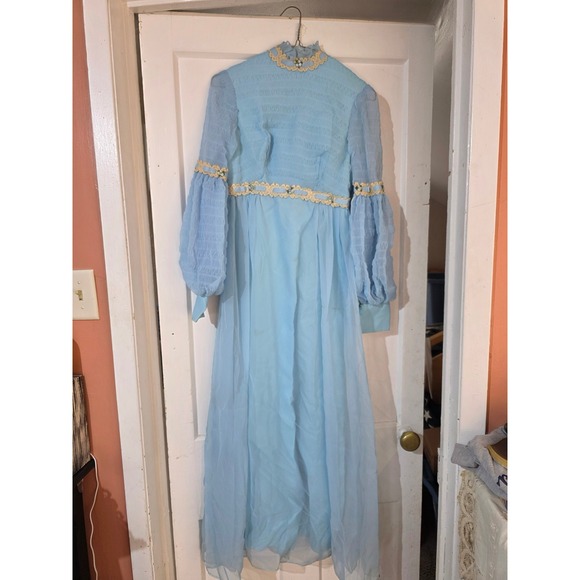 Vintage 70s Formal Dress Light Blue Empire Waist Bishop Sleeve Lace  Gown 7/8 - Picture 1 of 11